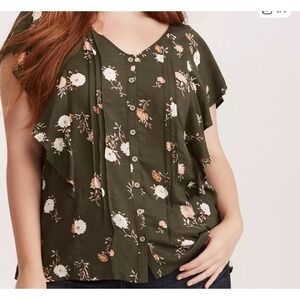 Torrid Top Women Size 1 Plus 14 Floral Print Flutter Sleeve Button Front V‎ Neck